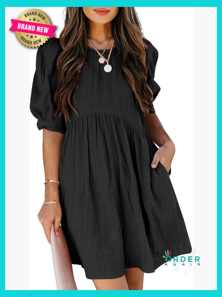 Summer Puff Sleeve Babydoll Dress Empire Waist Mini Skater Elegant Chic